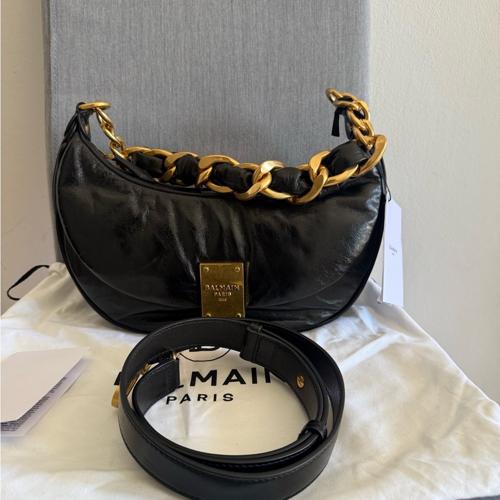 Balmain Black Shoulder Bag with Gold Chain